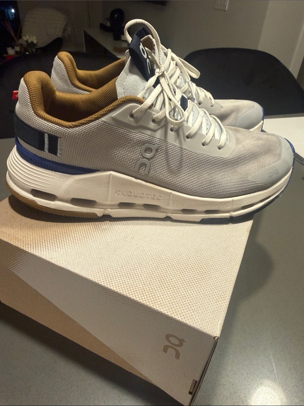 On Running Men's Sneakers in White, Tan and Blue